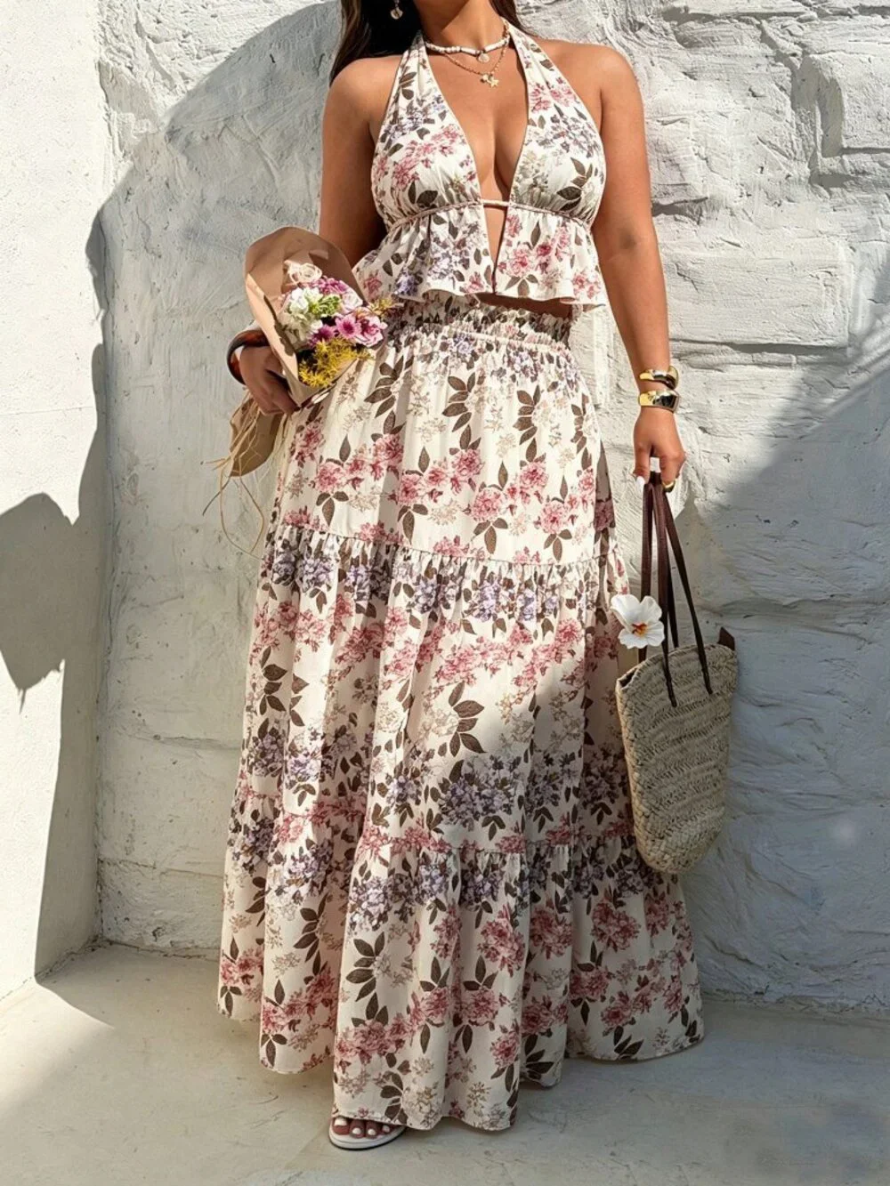 Multicolor Boho Women's Floral Maxi Halter Neck top & maxi  Skirt coord set